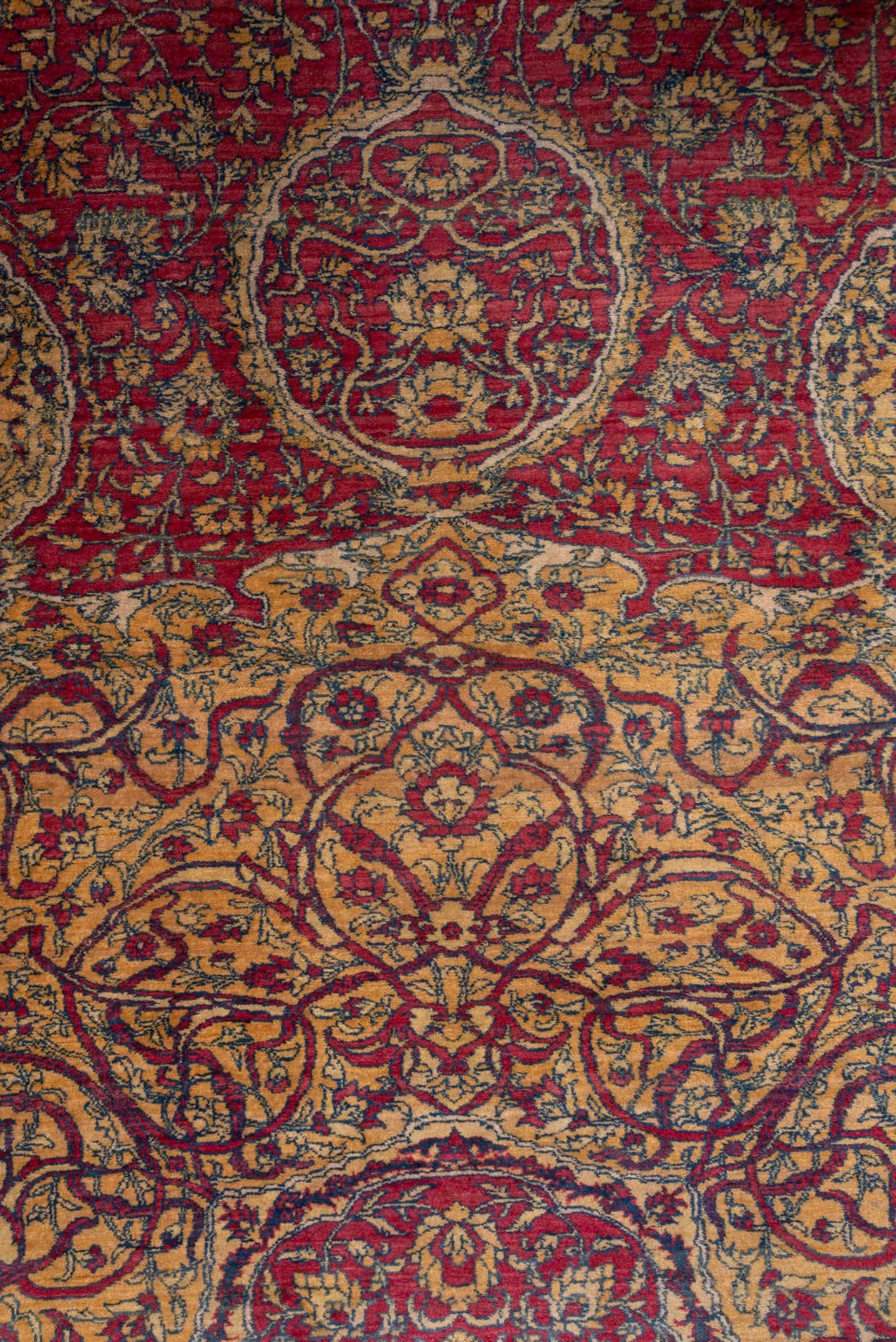 17' x 32' one-of-a-kind handmade antique Agra oversize rug. Color palette: crimson, ivory, gold, slate, rose, burgundy, red