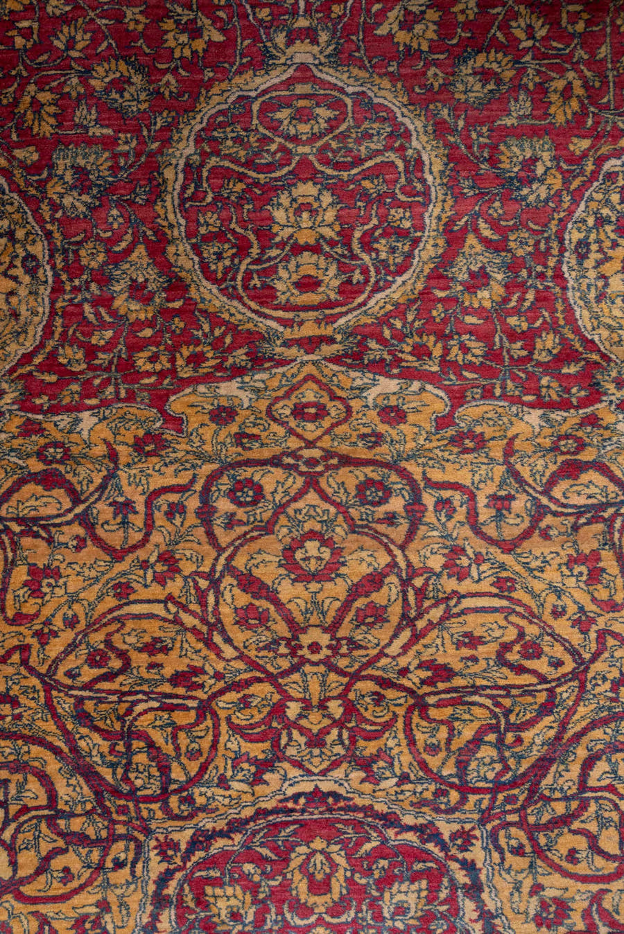 17' x 32' one-of-a-kind handmade antique Agra oversize rug. Color palette: crimson, ivory, gold, slate, rose, burgundy, red