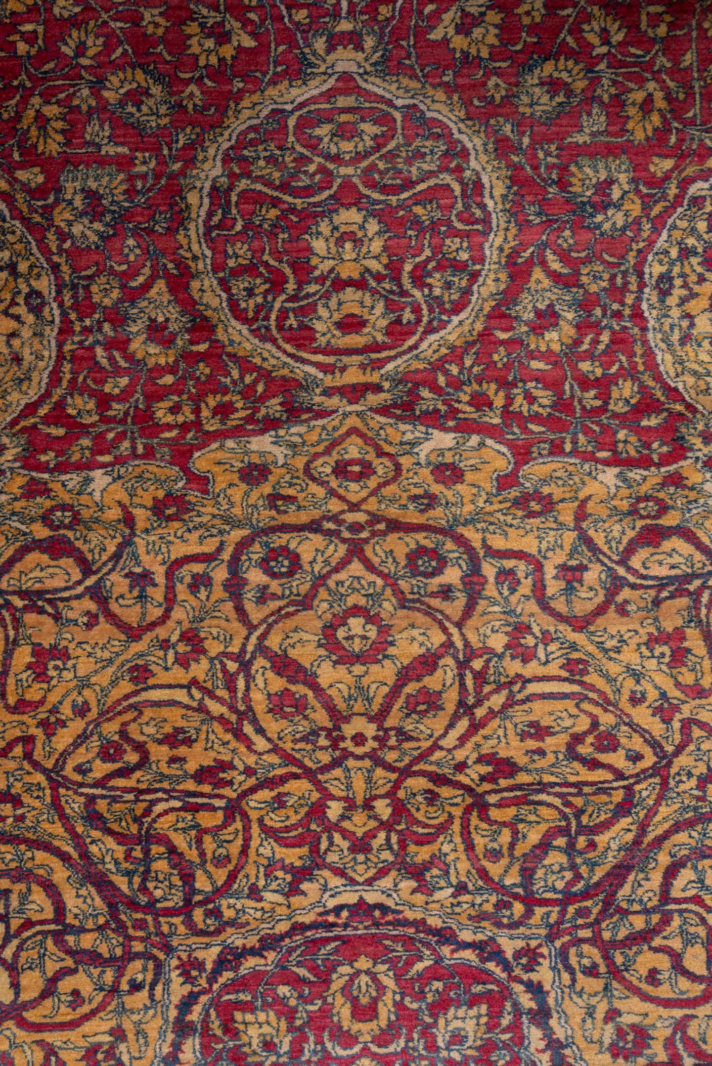 17' x 32' one-of-a-kind handmade antique Agra oversize rug. Color palette: crimson, ivory, gold, slate, rose, burgundy, red