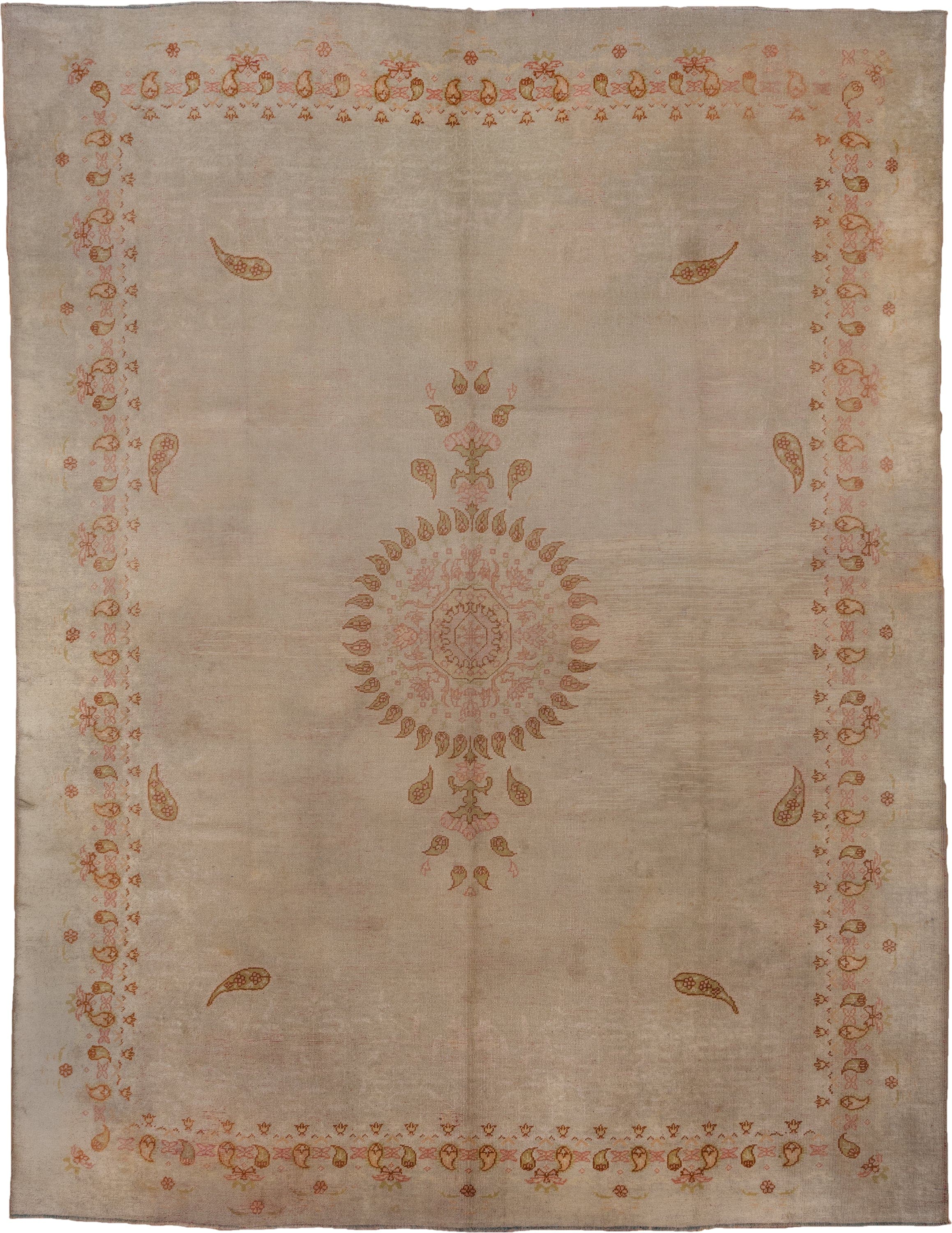 9' x 12' one-of-a-kind handmade antique Oushak large size rug. Color palette: ivory, beige, blush, apricot, gold, taupe