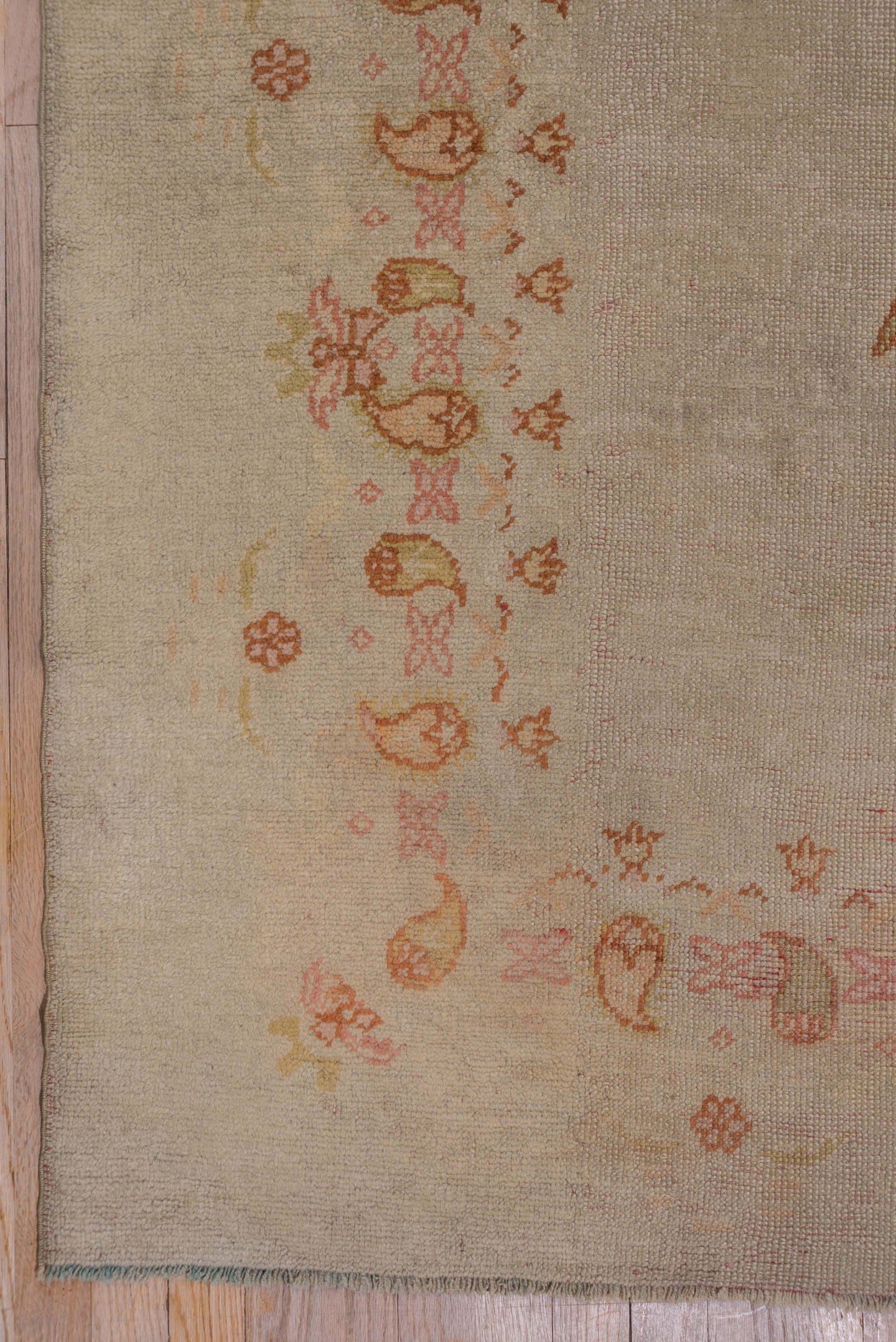 9' x 12' one-of-a-kind handmade antique Oushak large size rug. Color palette: ivory, beige, blush, apricot, gold, taupe