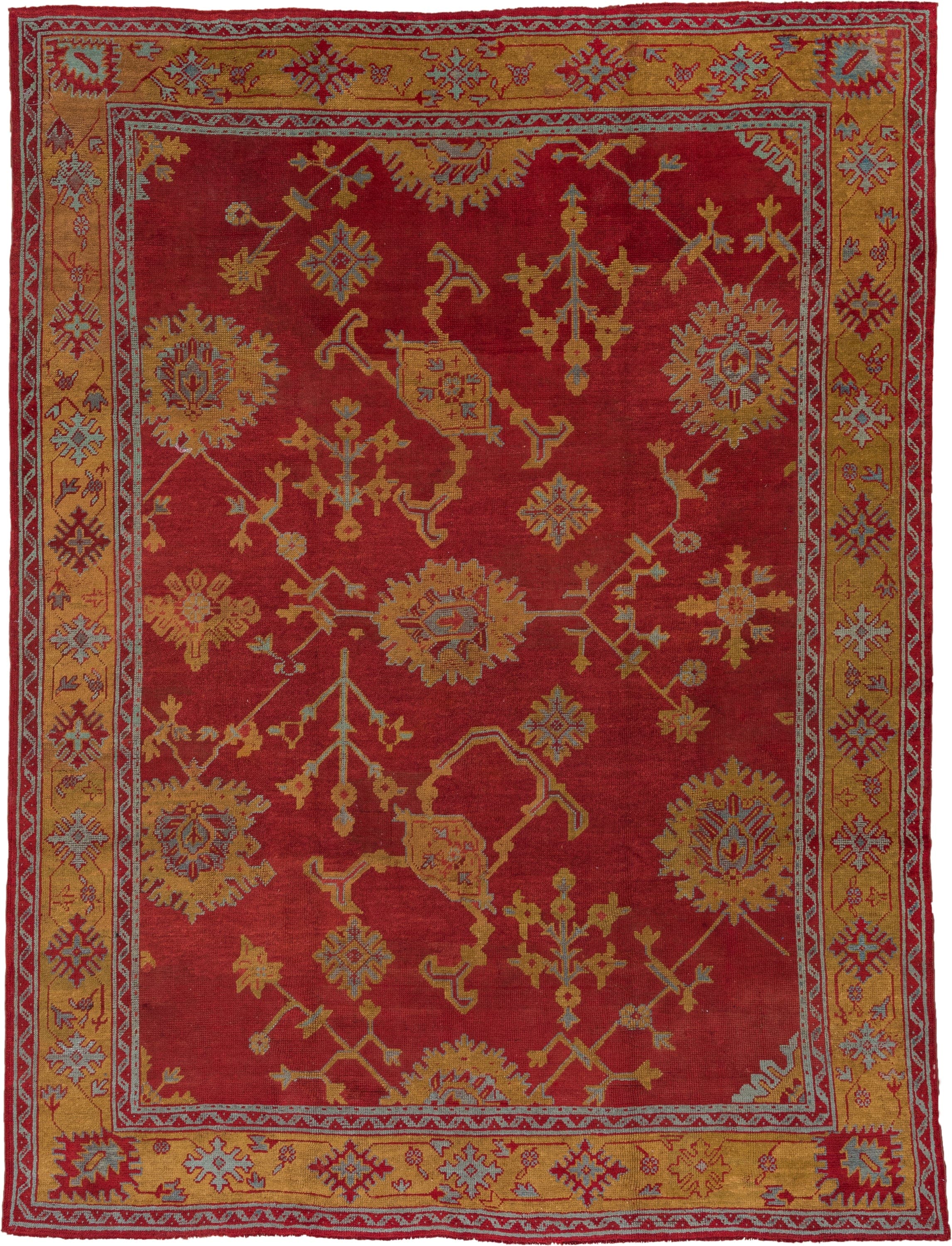 8' x 11' one-of-a-kind handmade antique Oushak large size rug. Color palette: rust, gold, crimson, ivory, pale blue