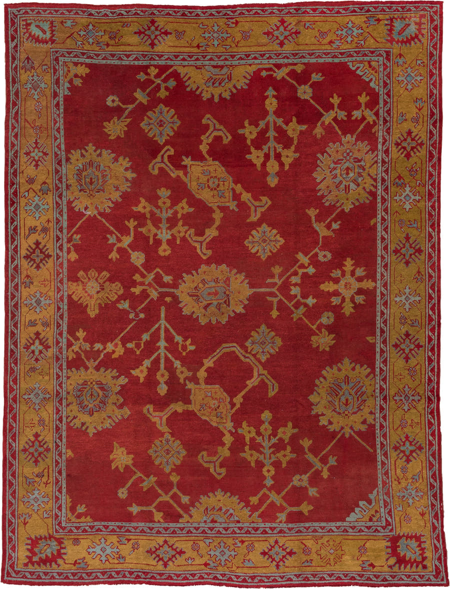 8' x 11' one-of-a-kind handmade antique Oushak large size rug. Color palette: rust, gold, crimson, ivory, pale blue