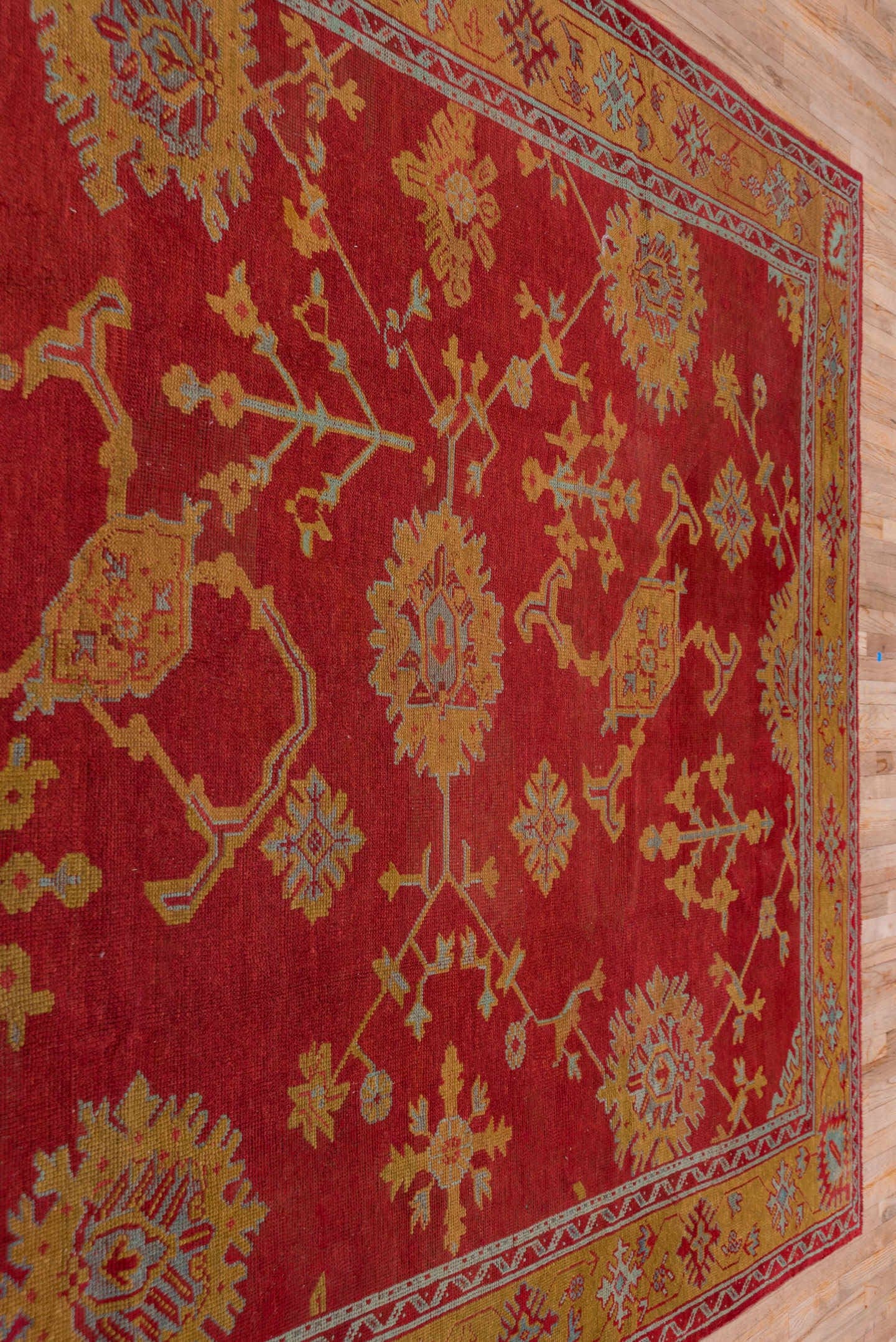 8' x 11' one-of-a-kind handmade antique Oushak large size rug. Color palette: rust, gold, crimson, ivory, pale blue