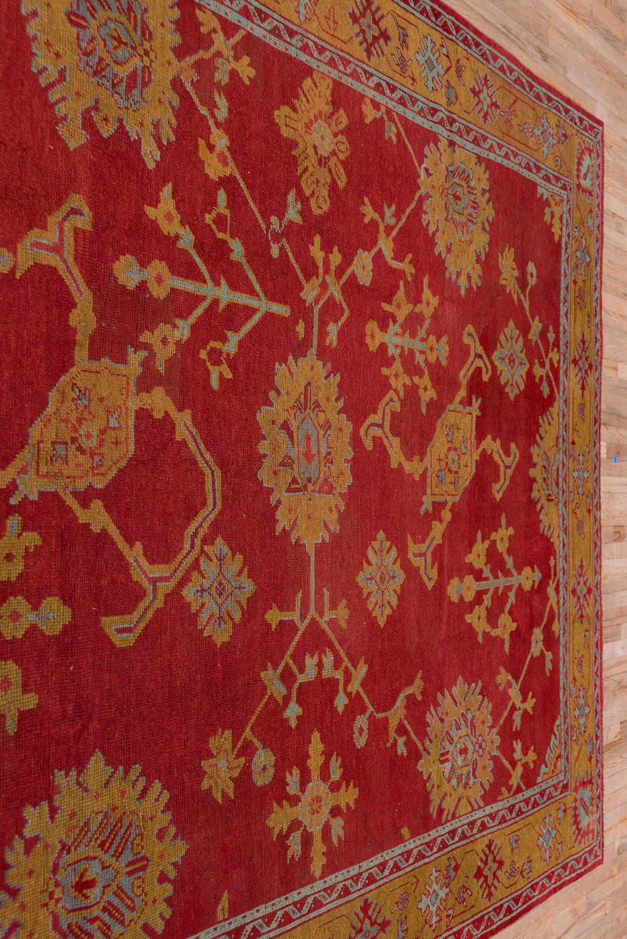 8' x 11' one-of-a-kind handmade antique Oushak large size rug. Color palette: rust, gold, crimson, ivory, pale blue