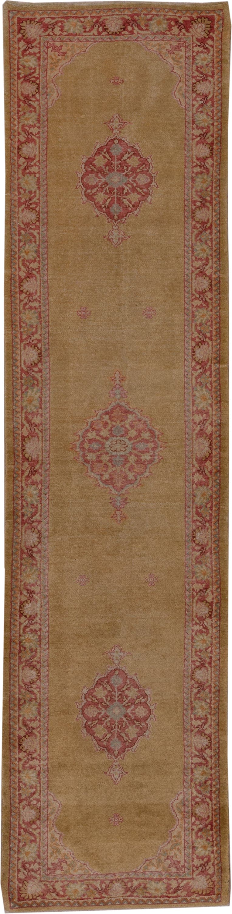 2' x 11' one-of-a-kind handmade antique Oushak runner rug. Color palette: camel, rose, terra cotta, ivory, tan, beige, pink