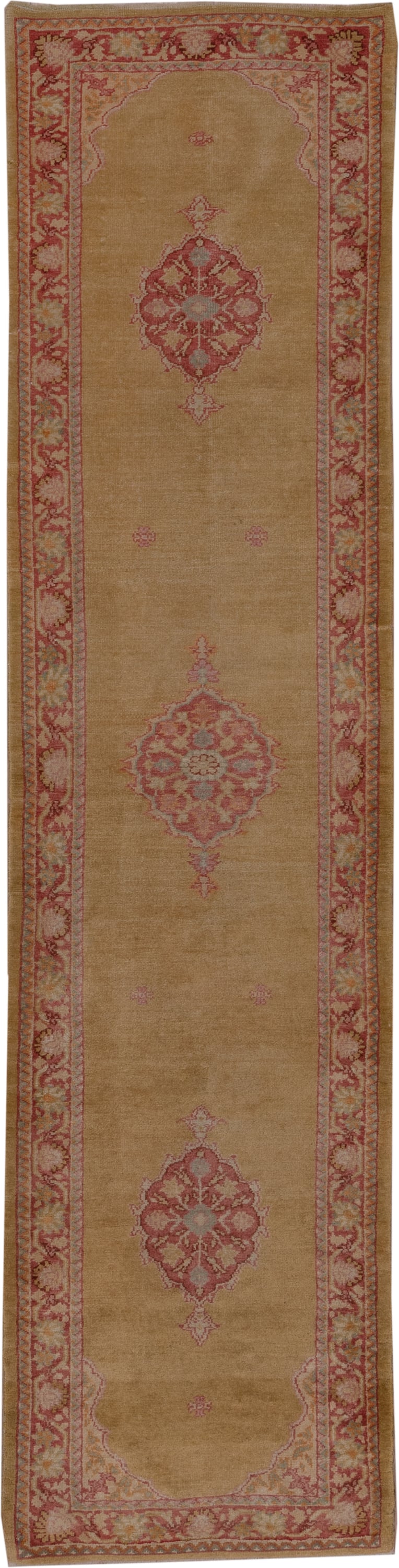 2' x 11' one-of-a-kind handmade antique Oushak runner rug. Color palette: camel, rose, terra cotta, ivory, tan, beige, pink