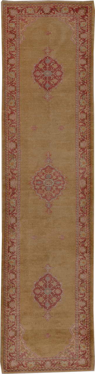 2' x 11' one-of-a-kind handmade antique Oushak runner rug. Color palette: camel, rose, terra cotta, ivory, tan, beige, pink