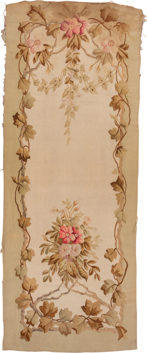 3' x 8' one-of-a-kind handmade vintage Aubusson runner rug. Color palette: brown, dark salmon, gray, light gray, off-white