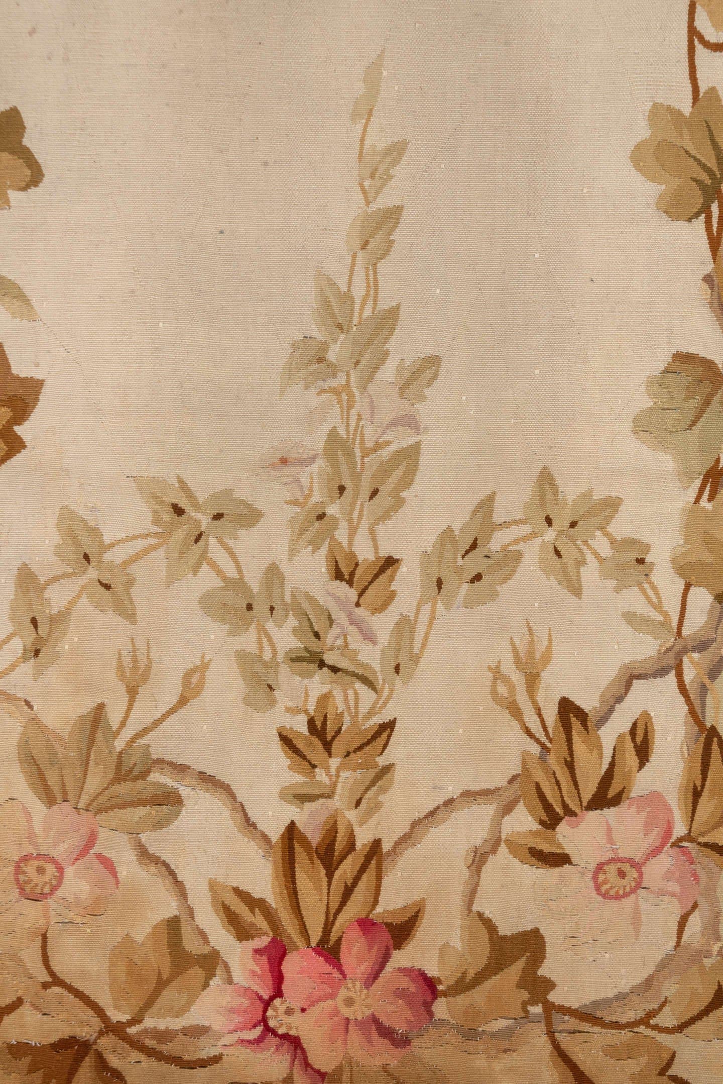 3' x 8' one-of-a-kind handmade antique Aubusson runner rug. Color palette: ivory, beige, taupe, camel, rose, sage, brown