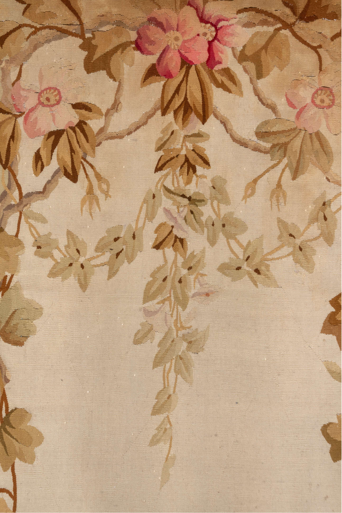 3' x 8' one-of-a-kind handmade vintage Aubusson runner rug. Color palette: brown, dark salmon, gray, light gray, off-white
