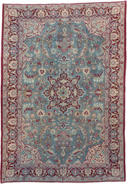 4' x 6' one-of-a-kind handmade antique Meshed rug. Color palette: sky blue, burgundy, ivory, rose, muted gold, dusty pink