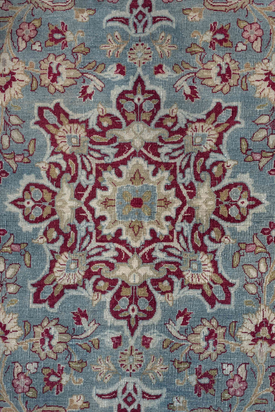 4' x 6' one-of-a-kind handmade antique Meshed rug. Color palette: sky blue, burgundy, ivory, rose, muted gold, dusty pink