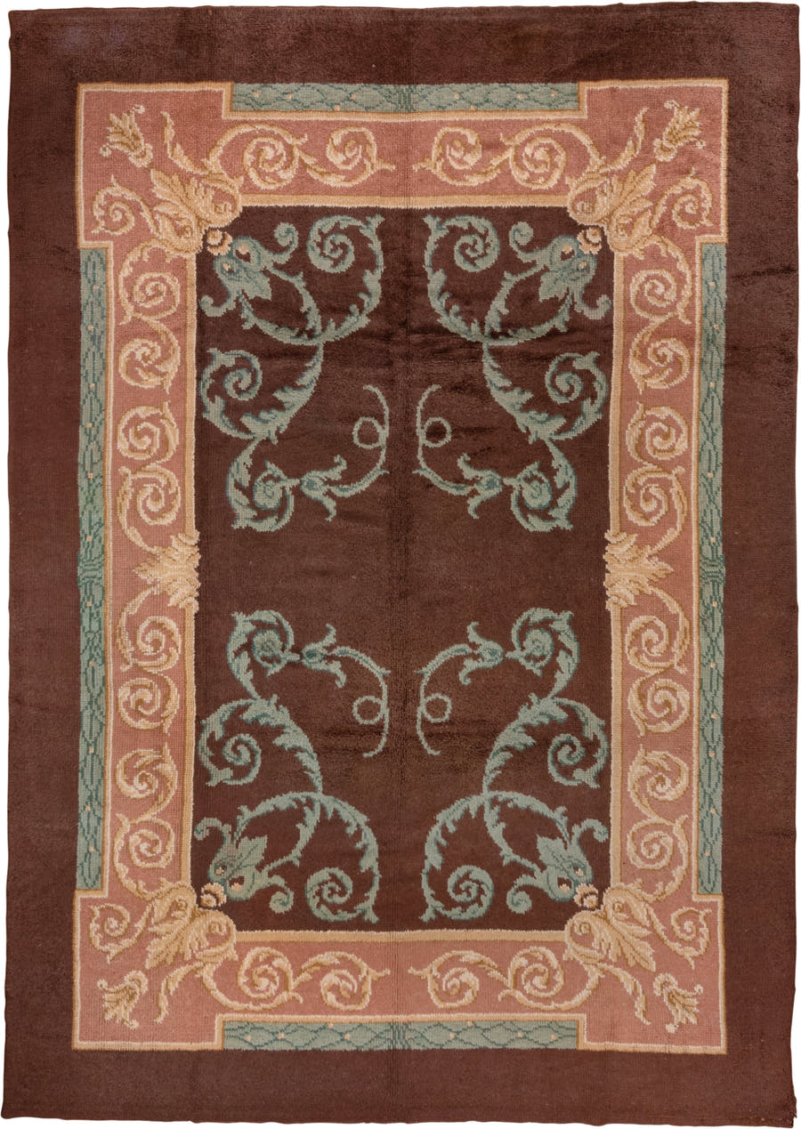 9' x 13' one-of-a-kind handmade antique European large size rug. Color palette: brown, blush, teal, ivory, taupe, pink