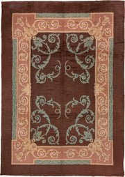 9' x 13' one-of-a-kind handmade antique European large size rug. Color palette: brown, blush, teal, ivory, taupe, pink