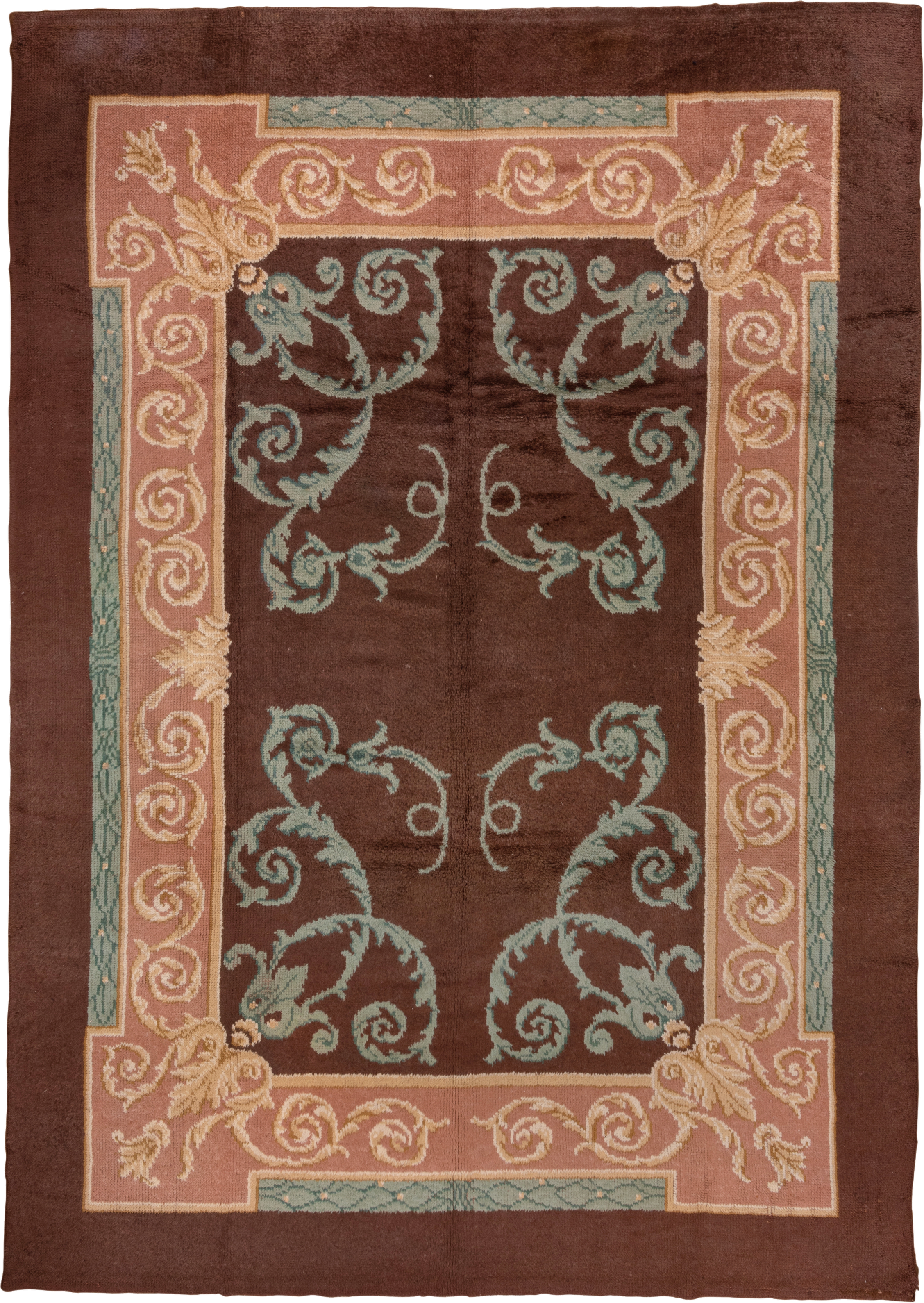 9' x 13' one-of-a-kind handmade antique European large size rug. Color palette: brown, blush, teal, ivory, taupe, pink