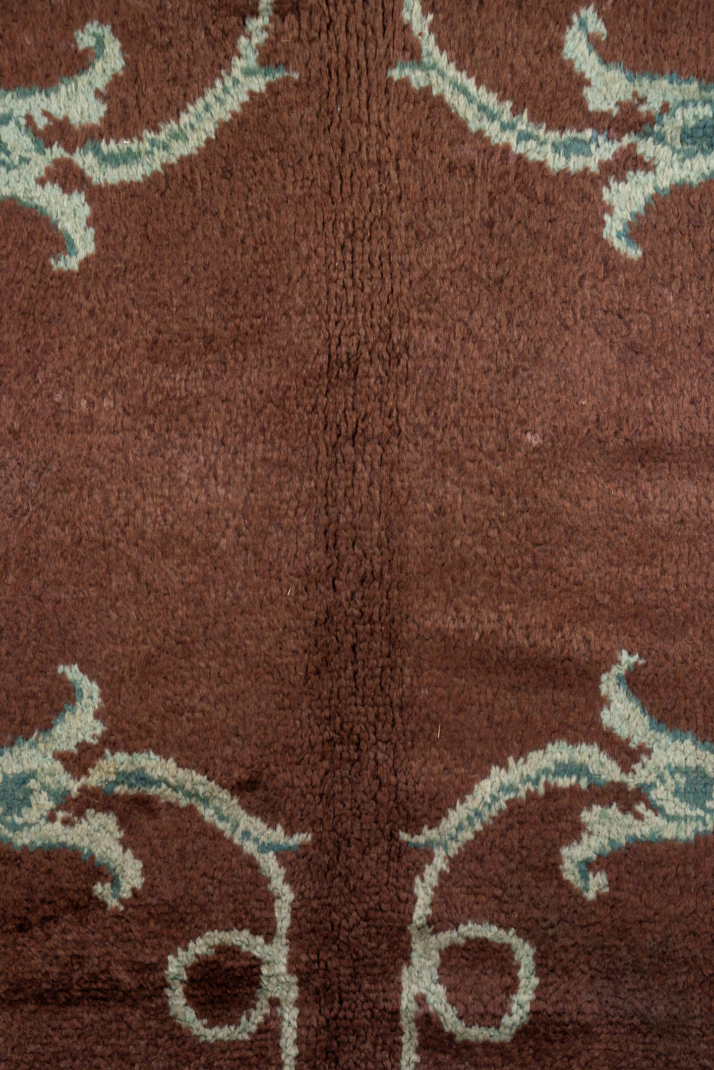 9' x 13' one-of-a-kind handmade antique European large size rug. Color palette: brown, blush, teal, ivory, taupe, pink