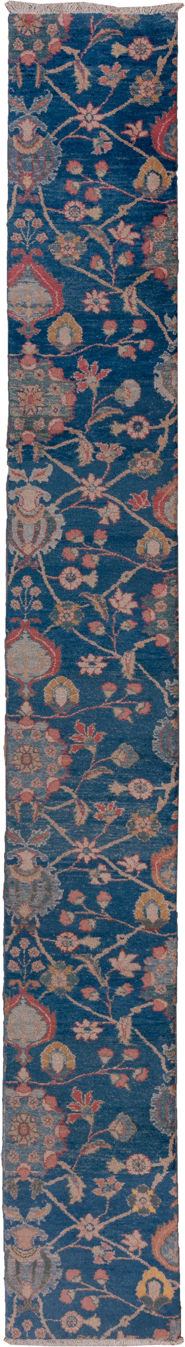 2' x 14' one-of-a-kind handmade vintage Mahal runner rug. Color palette: blue, ivory, rust, rose, sage, gold, taupe