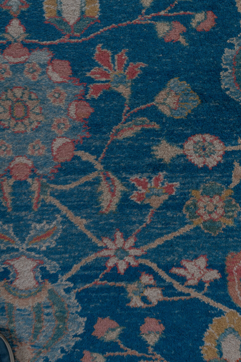 2' x 14' one-of-a-kind handmade vintage Mahal runner rug. Color palette: blue, ivory, rust, rose, sage, gold, taupe