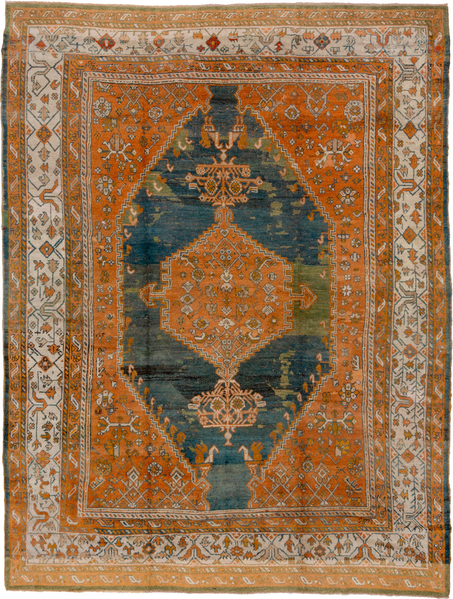 10' x 13' one-of-a-kind handmade antique Oushak large size rug. Color palette: terra cotta, ivory, teal, rust, sage, gold