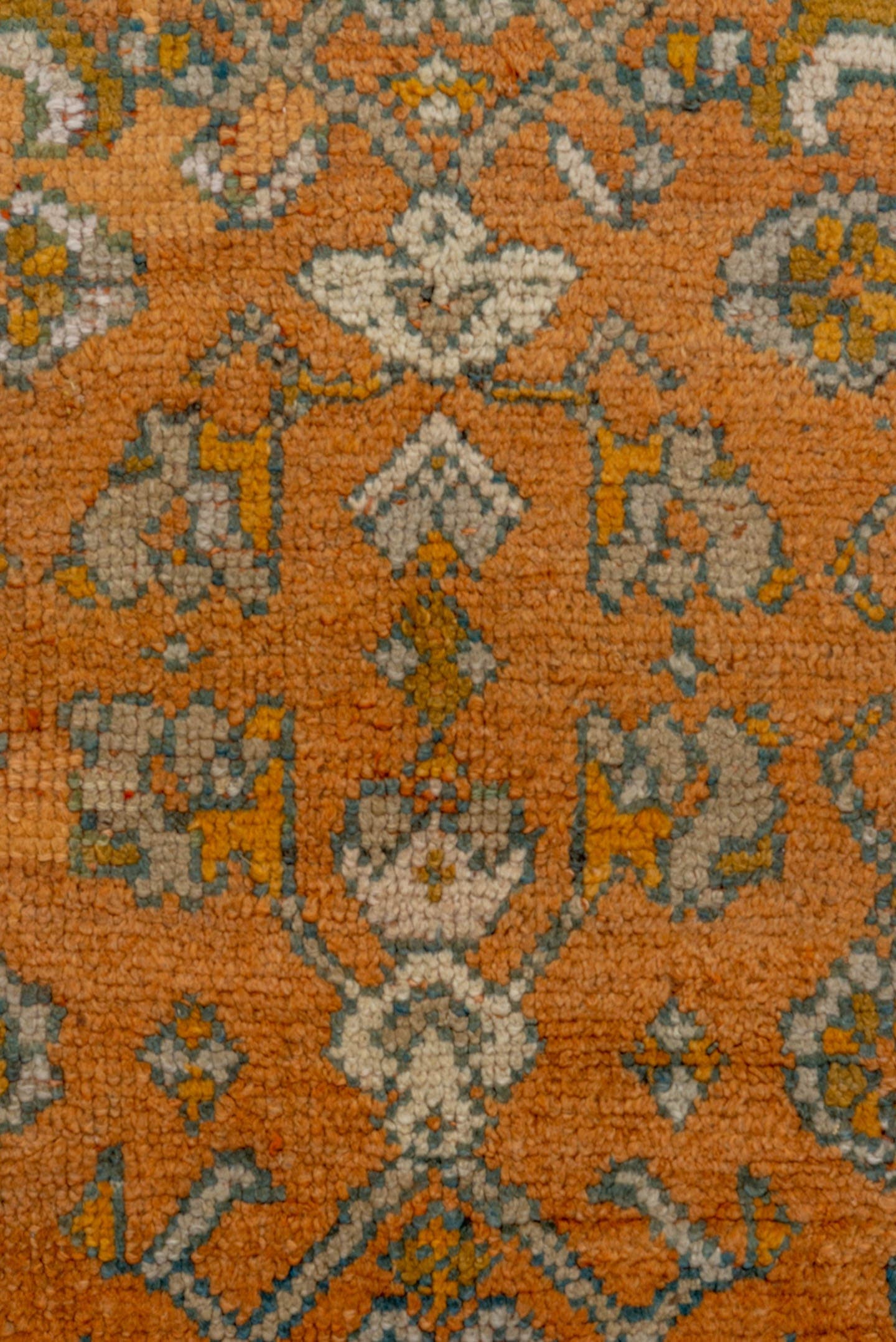 10' x 13' one-of-a-kind handmade antique Oushak large size rug. Color palette: terra cotta, ivory, teal, rust, sage, gold