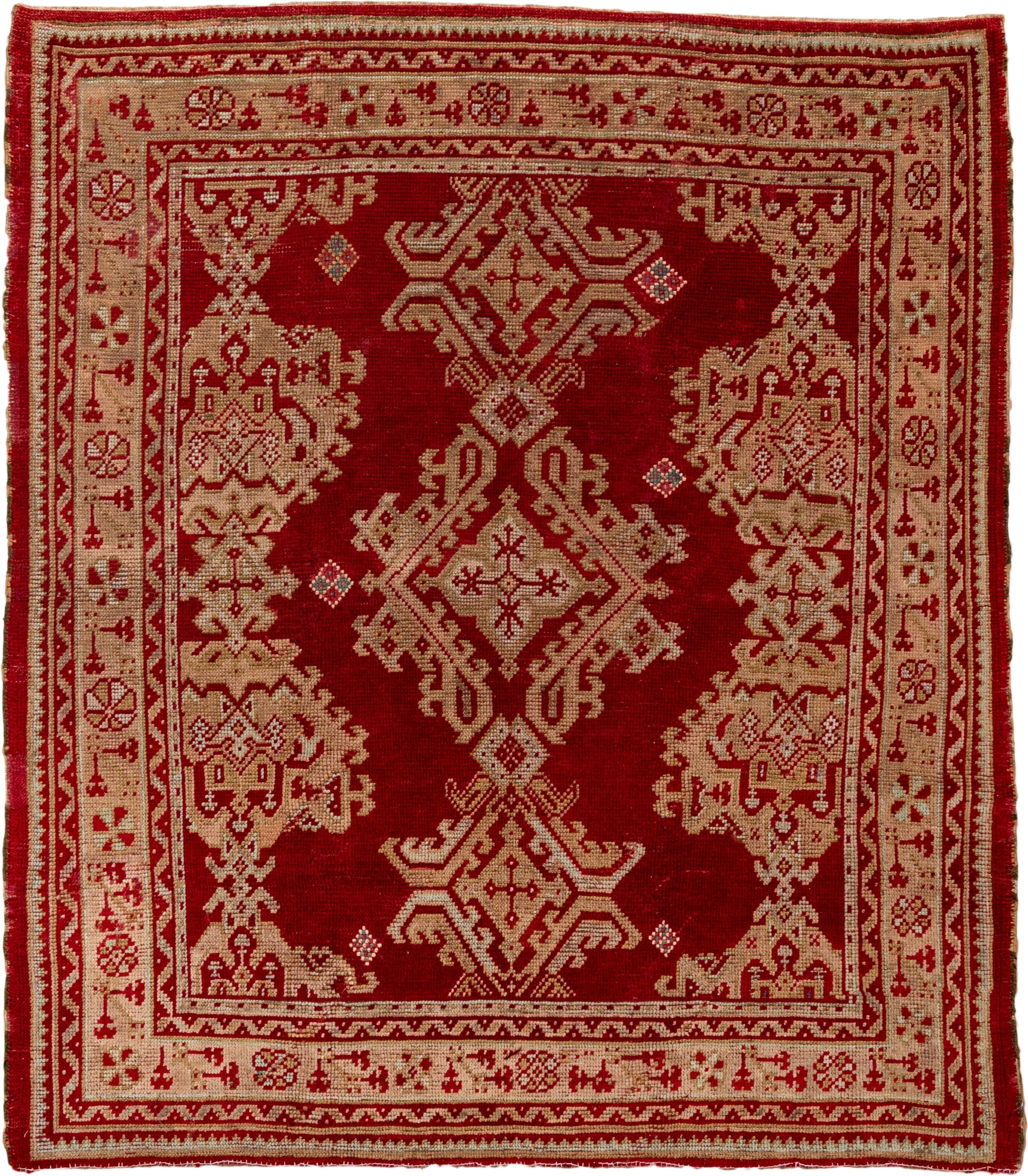 6' x 6' one-of-a-kind handmade antique Oushak rug. Color palette: crimson, ivory, rust, sky_blue, red, terracotta, brown