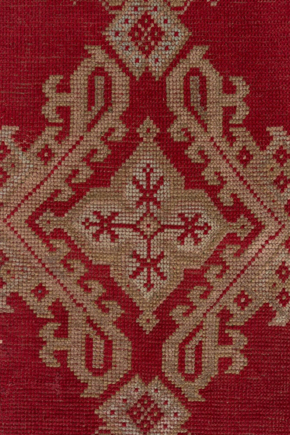 6' x 6' one-of-a-kind handmade antique Oushak rug. Color palette: crimson, ivory, rust, sky_blue, red, terracotta, brown