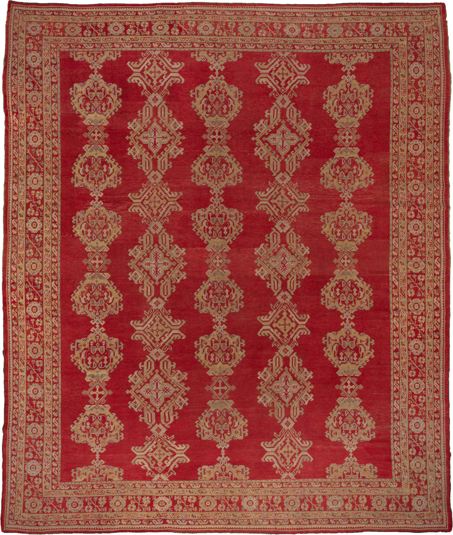 13' x 15' one-of-a-kind handmade antique Oushak oversize rug. Color palette: red, ivory, gold, rust, rose, terracotta, brown
