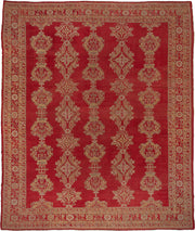 13' x 15' one-of-a-kind handmade antique Oushak oversize rug. Color palette: red, ivory, gold, rust, rose, terracotta, brown