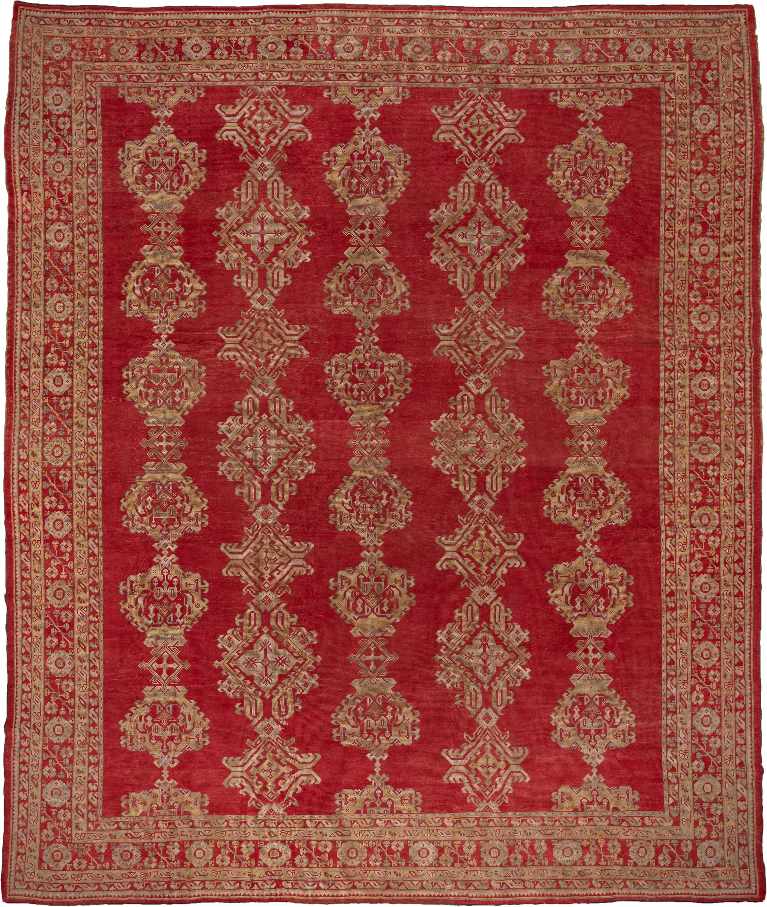 13' x 15' one-of-a-kind handmade antique Oushak oversize rug. Color palette: red, ivory, gold, rust, rose, terracotta, brown