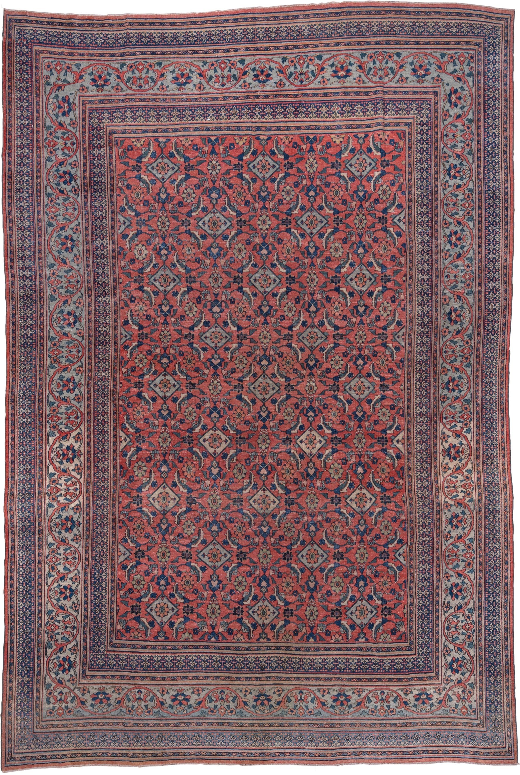 10' x 14' one-of-a-kind handmade antique Khorassan large size rug. Color palette: terra cotta, navy, pale blue, ivory, rust