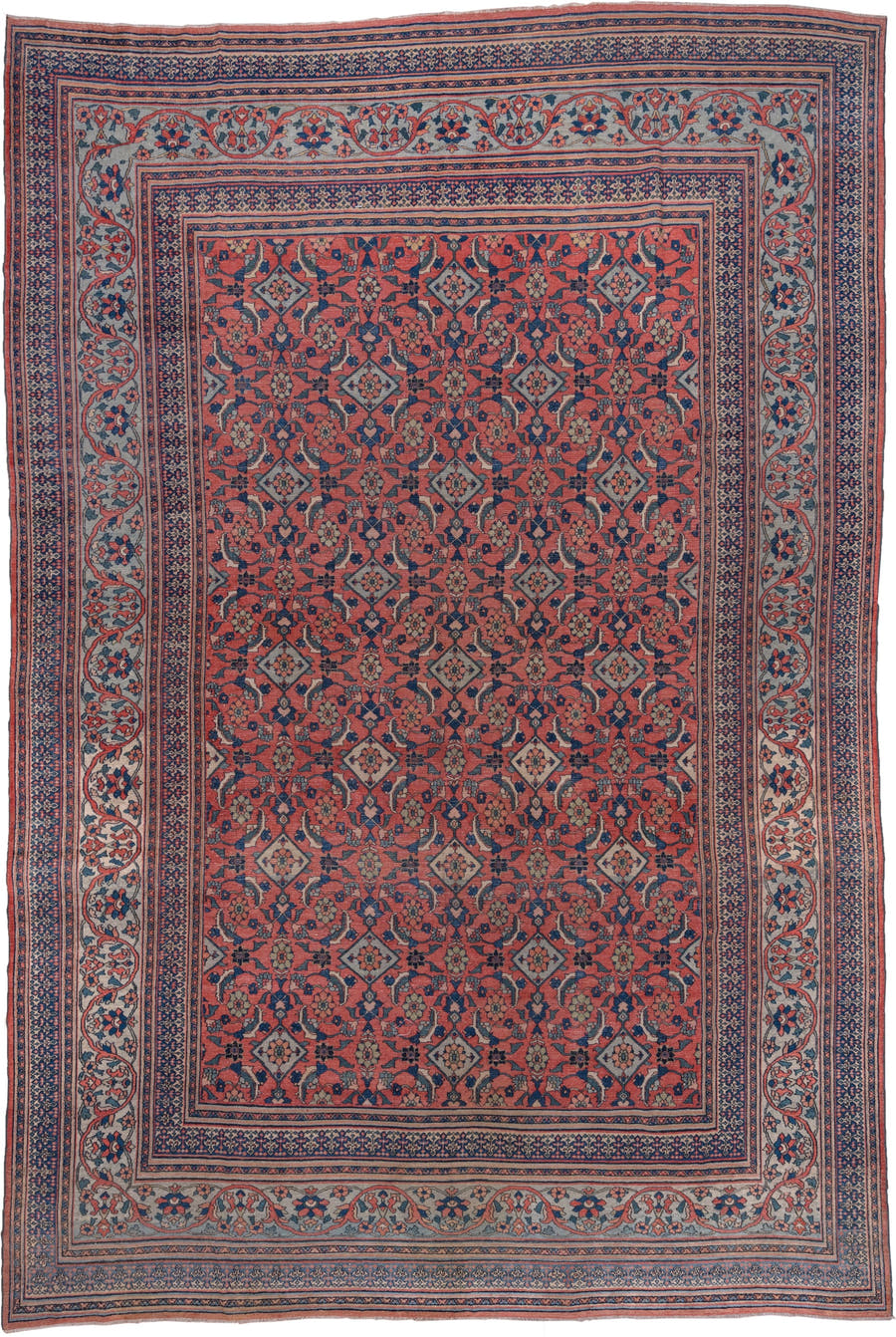 10' x 14' one-of-a-kind handmade antique Khorassan large size rug. Color palette: terra cotta, navy, pale blue, ivory, rust