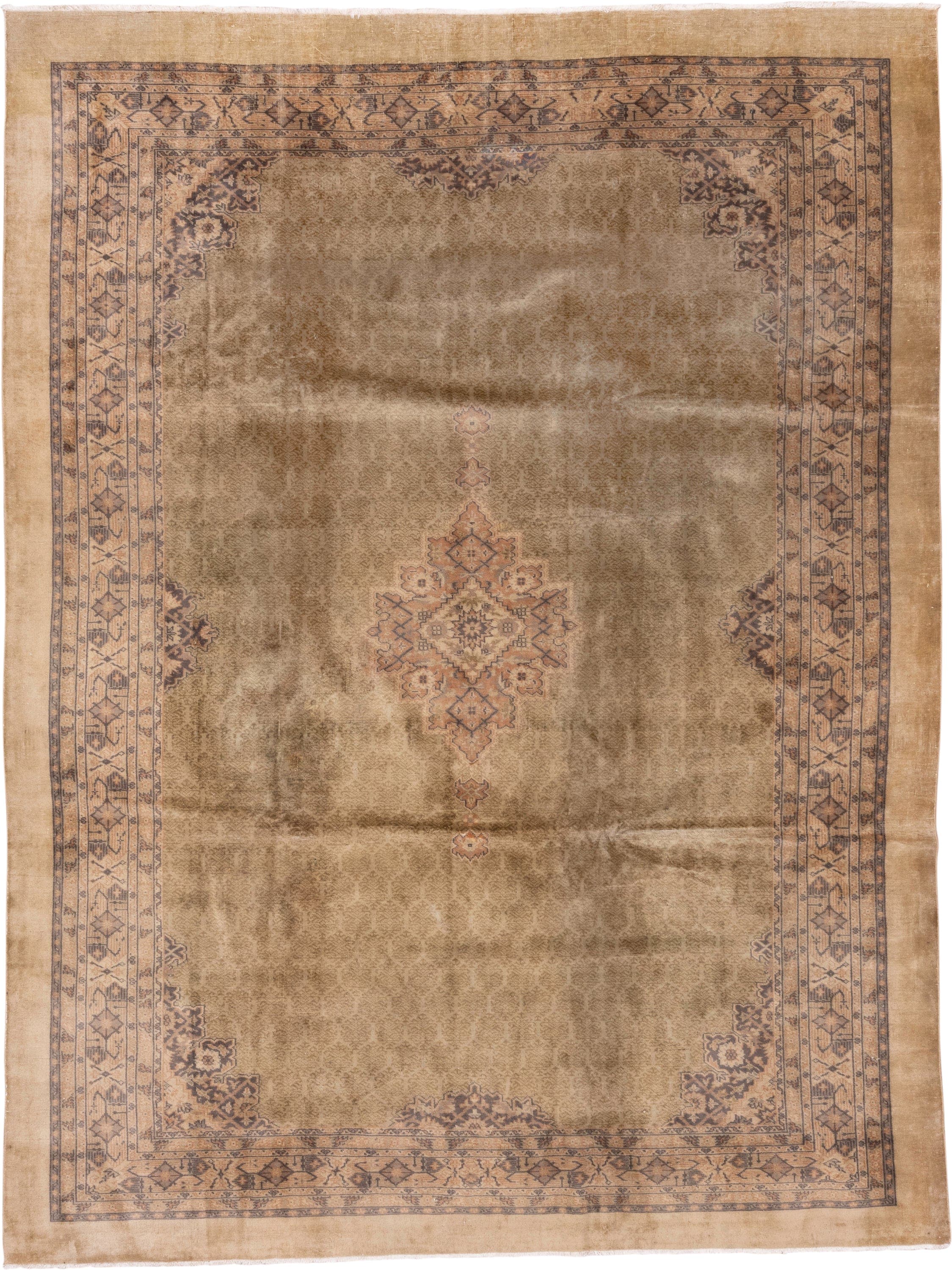 8' x 10' one-of-a-kind handmade antique Sivas large size rug. Color palette: camel, taupe, beige, charcoal, rose, ivory