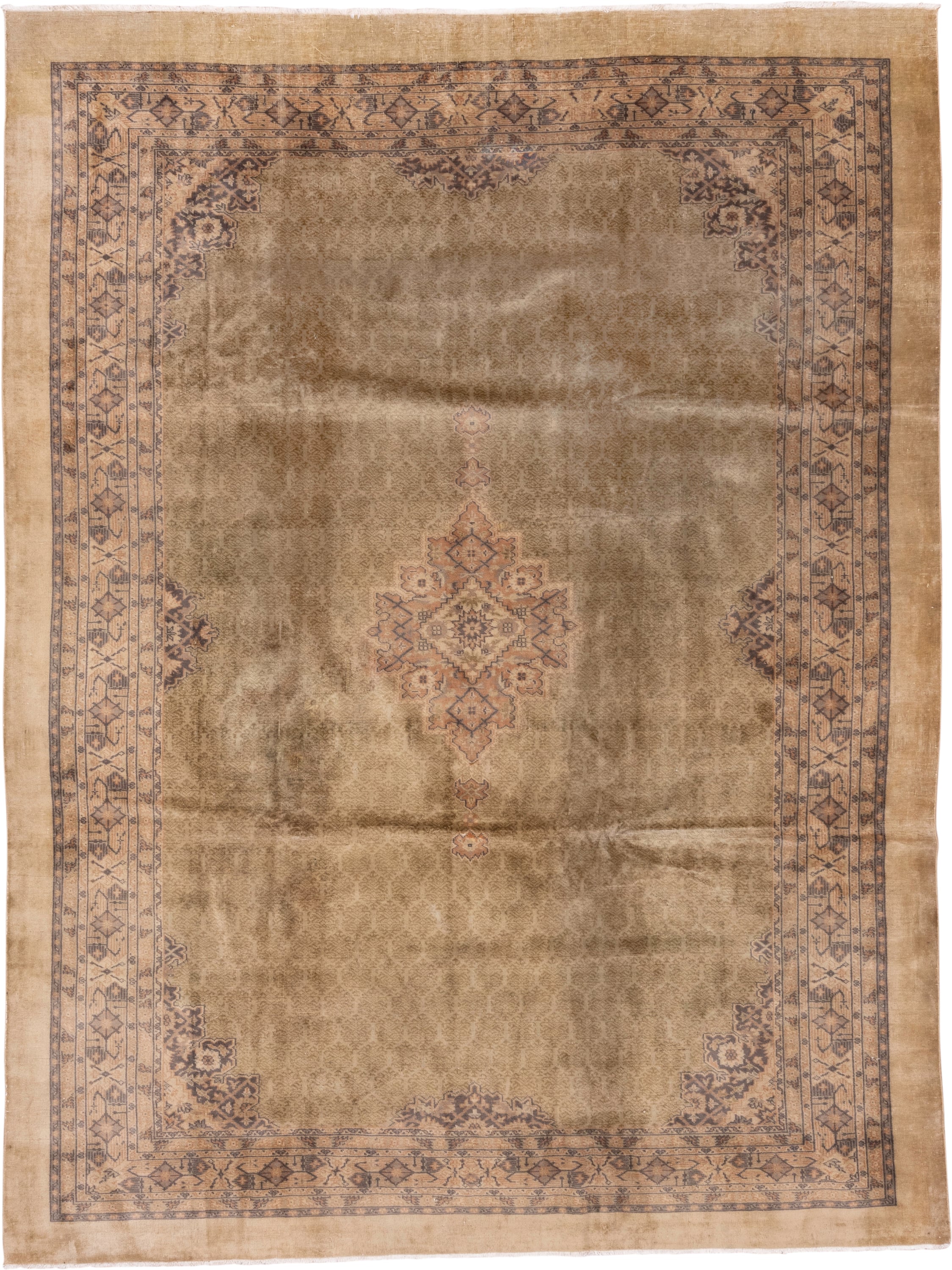 8' x 10' one-of-a-kind handmade antique Sivas large size rug. Color palette: camel, taupe, beige, charcoal, rose, ivory