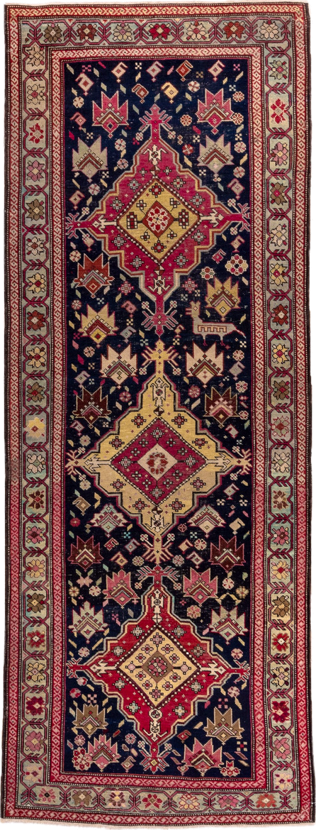 3' x 9' one-of-a-kind handmade antique Karabagh runner rug. Color palette: navy, crimson, ivory, gold, rose, taupe, burgundy