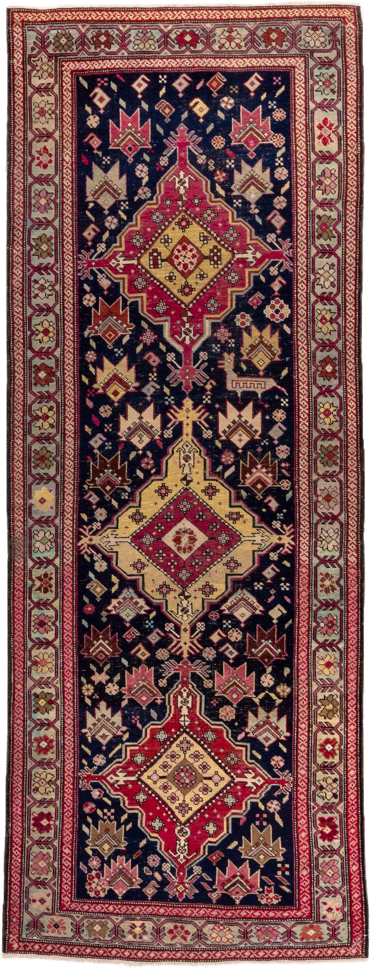 3' x 9' one-of-a-kind handmade antique Karabagh runner rug. Color palette: navy, crimson, ivory, gold, rose, taupe, burgundy