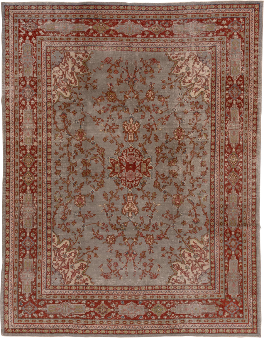7' x 10' one-of-a-kind handmade antique Oushak large size rug. Color palette: taupe, rust, ivory, sage, gold, slate, rose