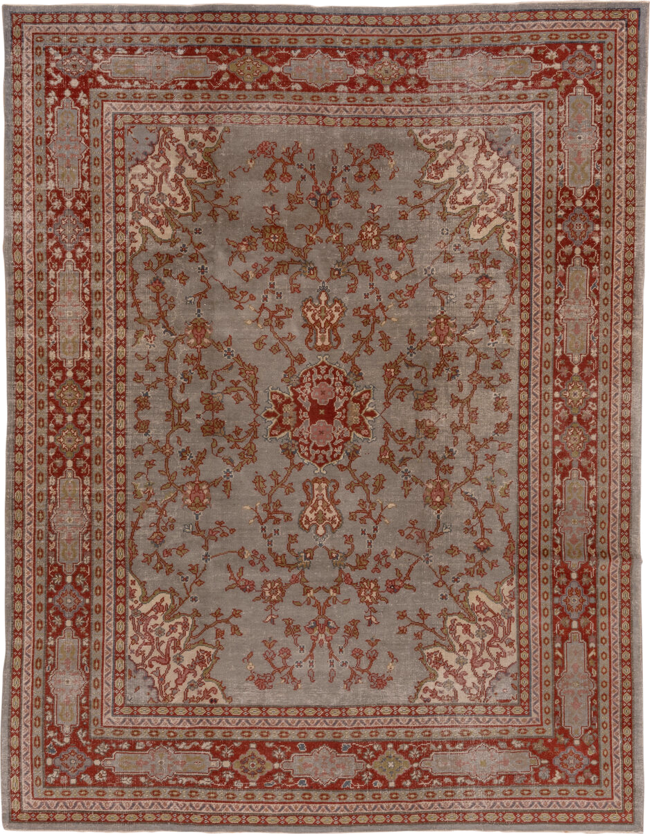 7' x 10' one-of-a-kind handmade antique Oushak large size rug. Color palette: taupe, rust, ivory, sage, gold, slate, rose
