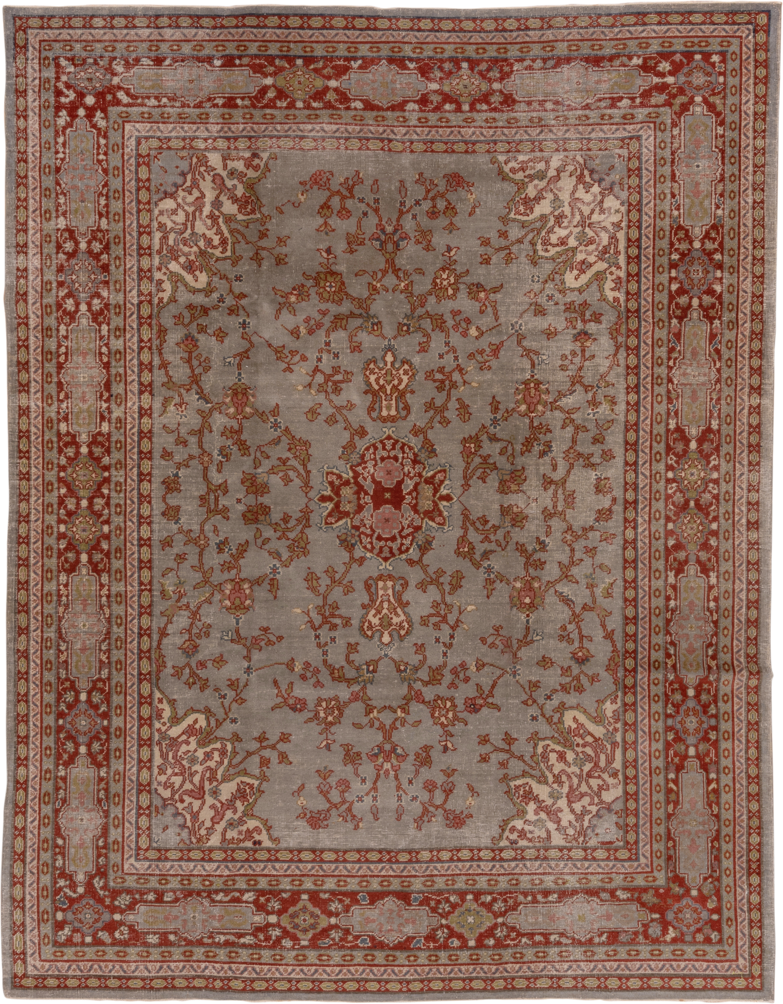 7' x 10' one-of-a-kind handmade antique Oushak large size rug. Color palette: taupe, rust, ivory, sage, gold, slate, rose