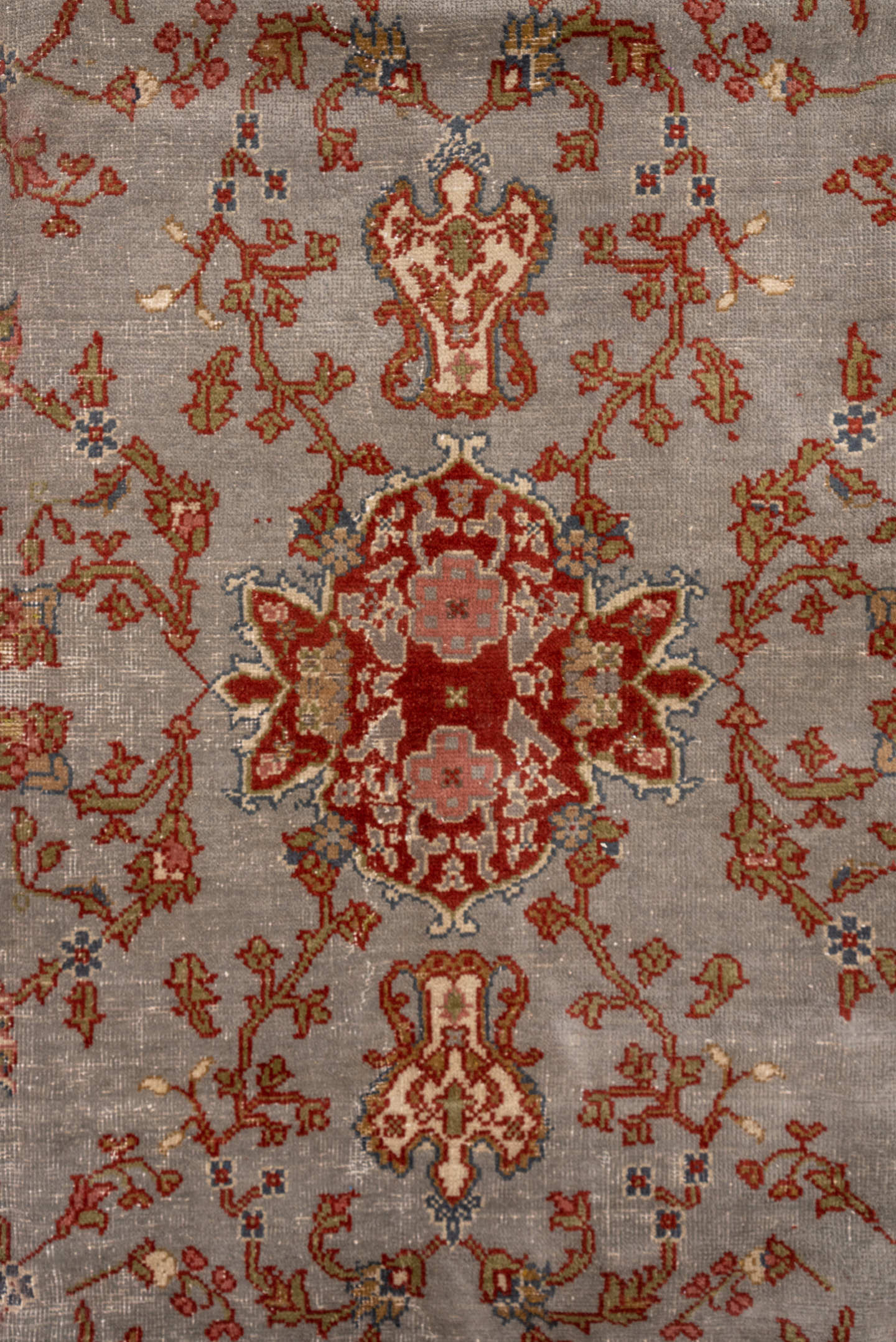 7' x 10' one-of-a-kind handmade antique Oushak large size rug. Color palette: taupe, rust, ivory, sage, gold, slate, rose