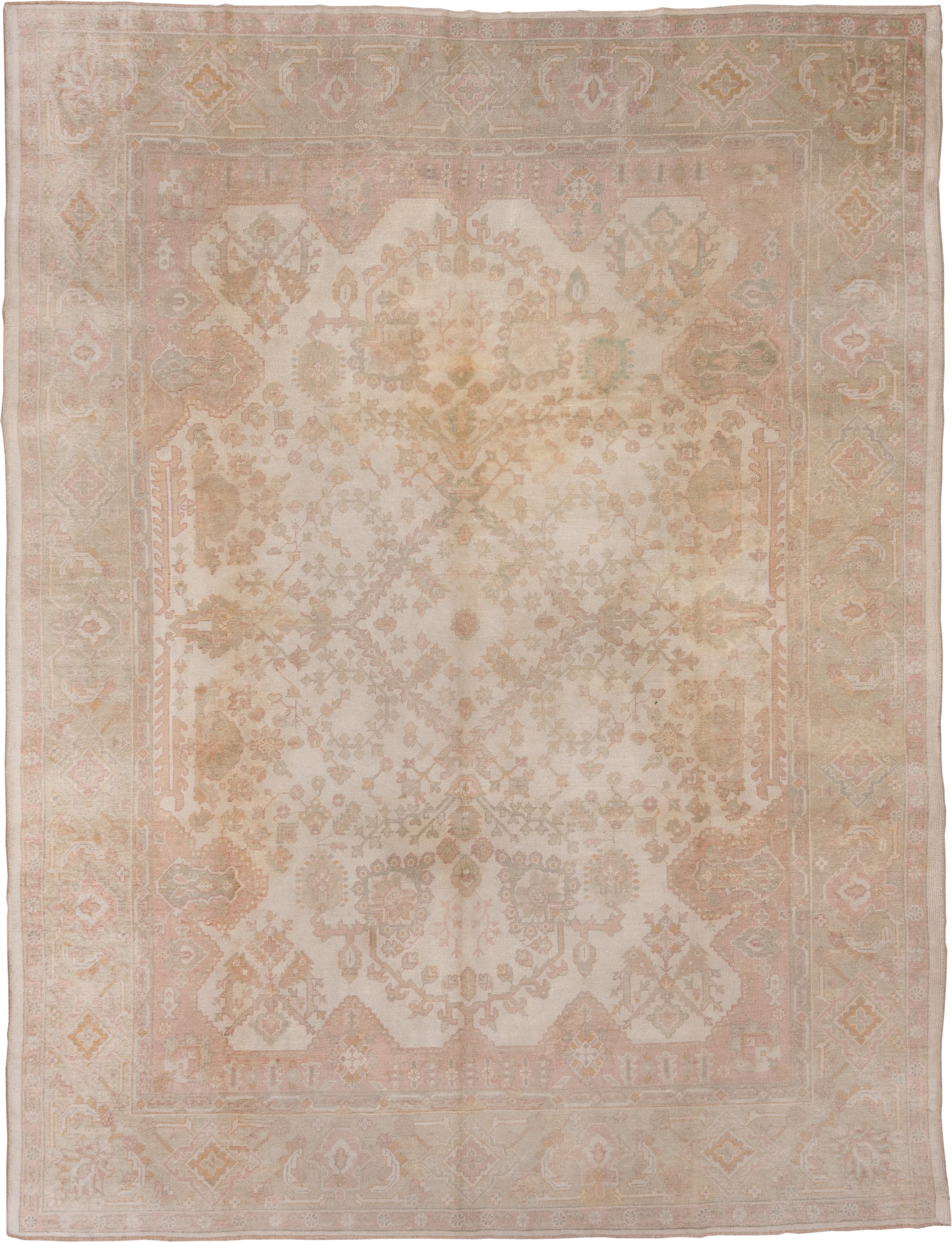 9' x 12' one-of-a-kind handmade antique Oushak large size rug. Color palette: ivory, blush, taupe, sage, peach, beige, pink