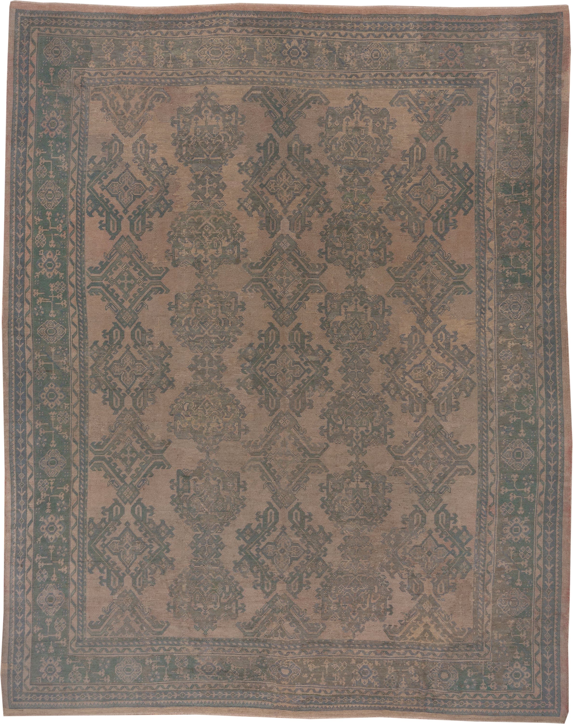11' x 13' one-of-a-kind handmade antique Oushak oversize rug. Color palette: taupe, teal, brown, camel, sage, charcoal