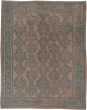 11' x 13' one-of-a-kind handmade antique Oushak oversize rug. Color palette: taupe, teal, brown, camel, sage, charcoal