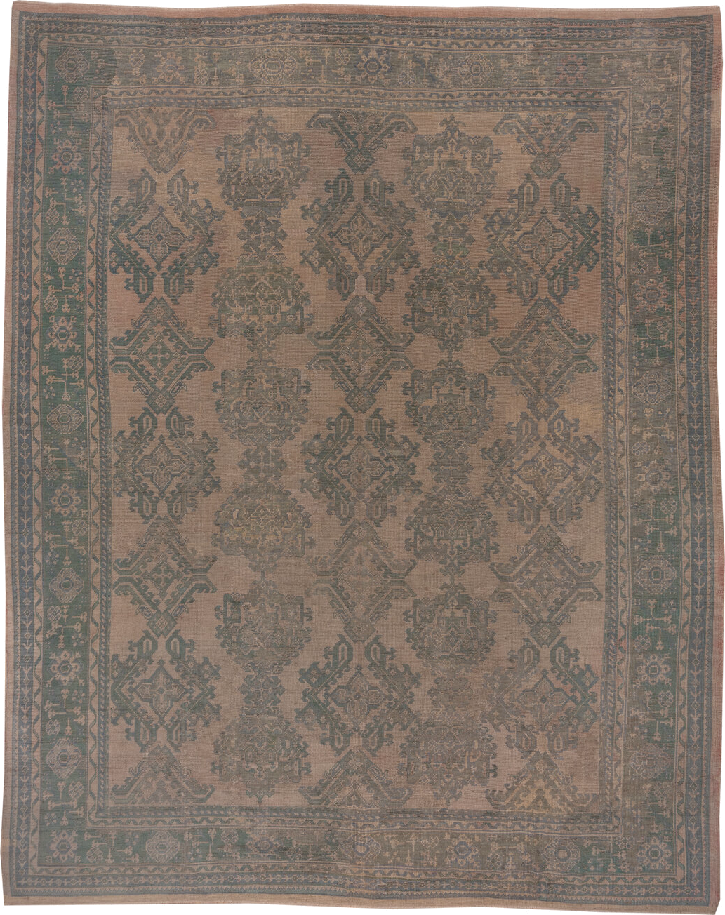 11' x 13' one-of-a-kind handmade antique Oushak oversize rug. Color palette: taupe, teal, brown, camel, sage, charcoal