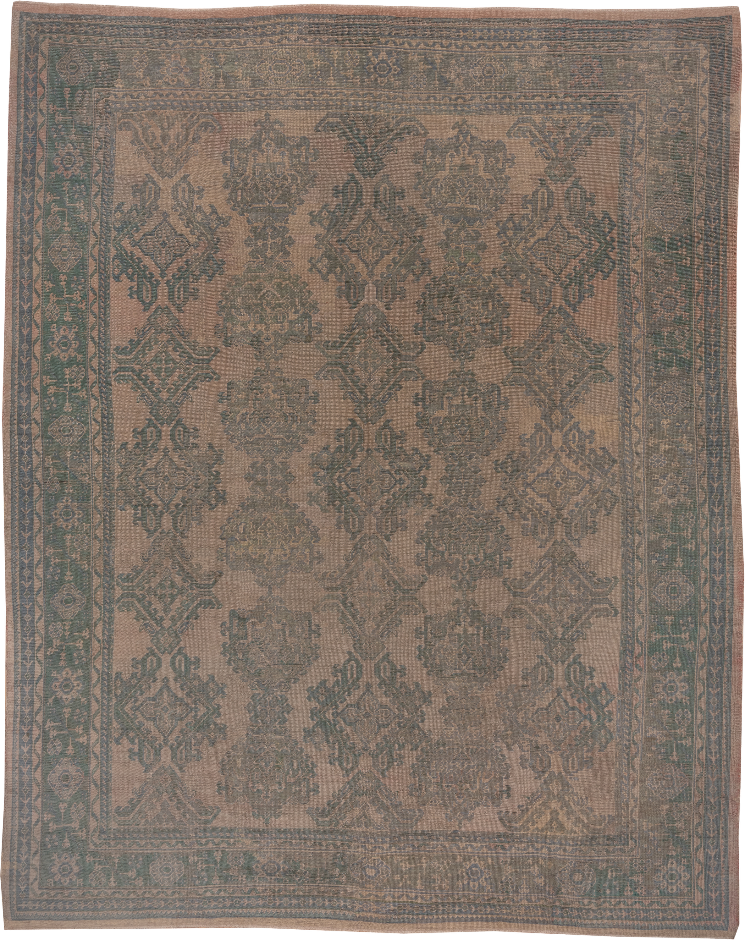 11' x 13' one-of-a-kind handmade antique Oushak oversize rug. Color palette: taupe, teal, brown, camel, sage, charcoal