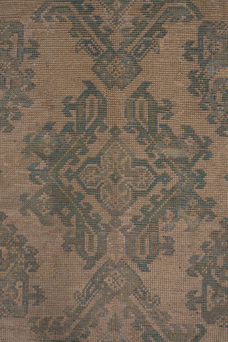 11' x 13' one-of-a-kind handmade antique Oushak oversize rug. Color palette: taupe, teal, brown, camel, sage, charcoal