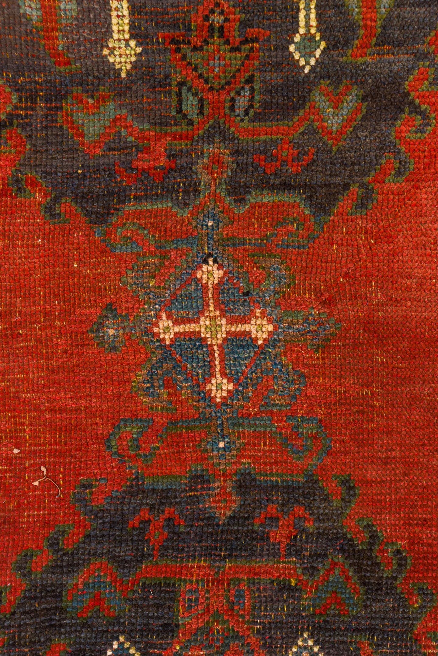 4' x 7' one-of-a-kind handmade antique Oushak rug. Color palette: rust, charcoal, crimson, ivory, slate, terra cotta