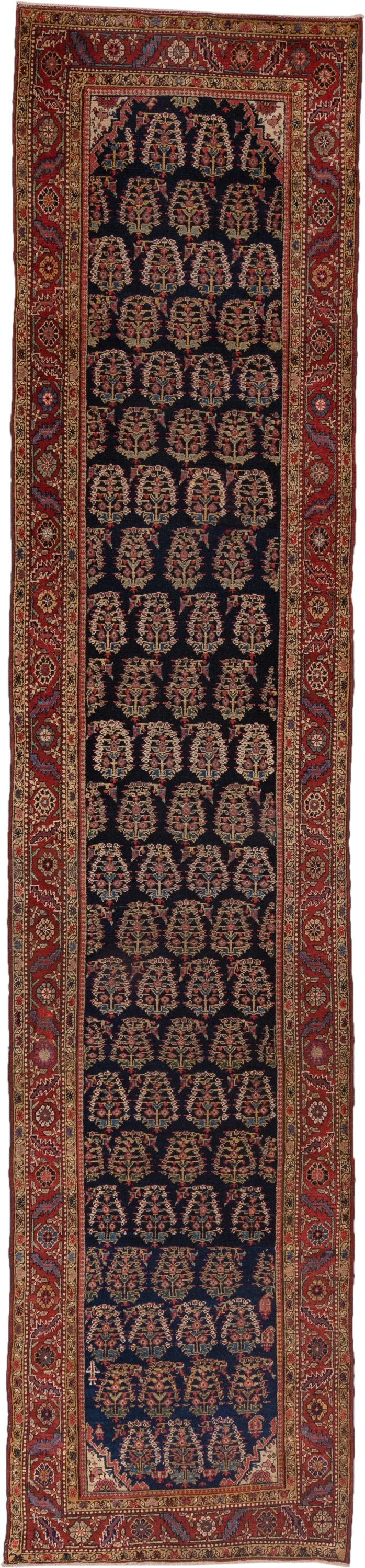 3' x 15' one-of-a-kind handmade antique NW Persian runner rug. Color palette: navy, rust, ivory, camel, indigo, burgundy