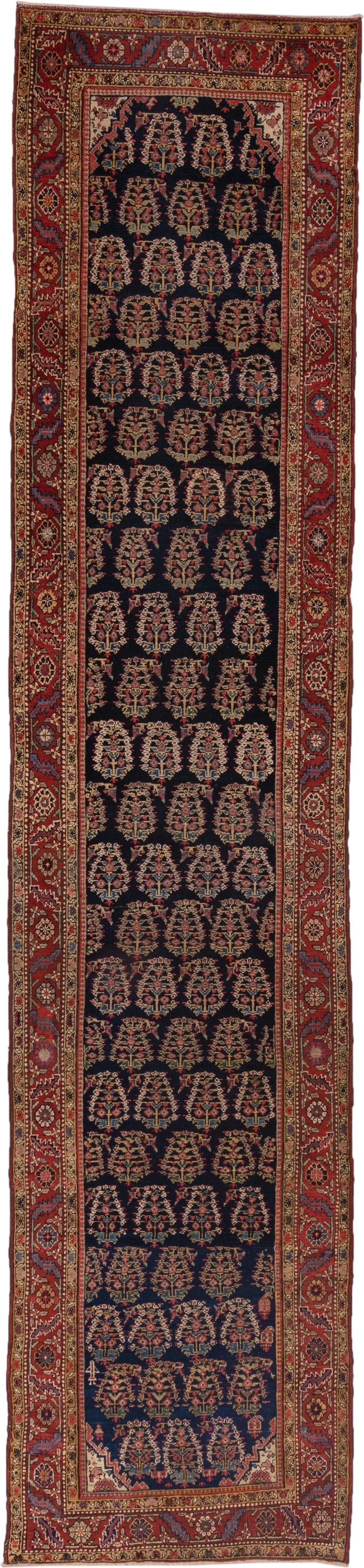 3' x 15' one-of-a-kind handmade antique NW Persian runner rug. Color palette: navy, rust, ivory, camel, indigo, burgundy