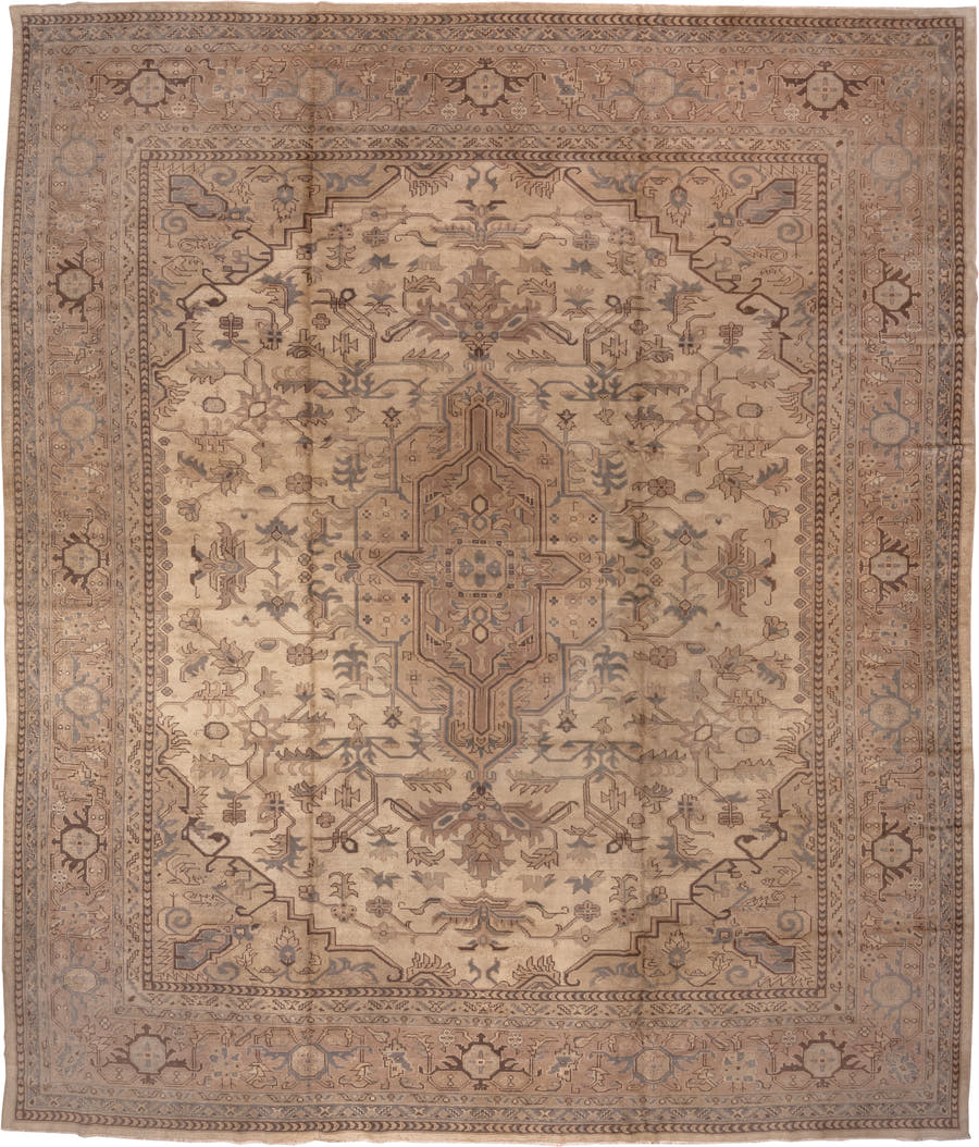 14' x 17' one-of-a-kind handmade antique Oushak oversize rug. Color palette: ivory, taupe, camel, brown, pale blue, beige